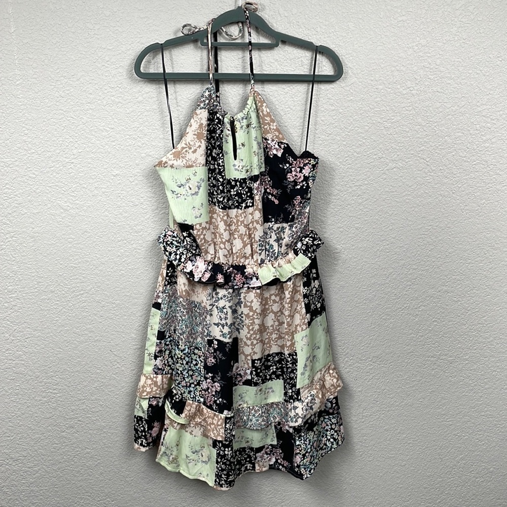 New 19 Cooper Nordstrom Patchwork Floral Halter Mini Dress Ruffle Summer Sz M